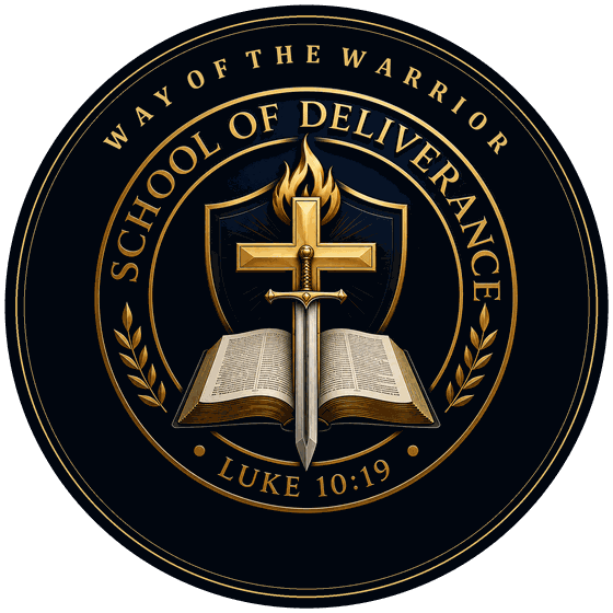 Way of the Warrior School of Deliverance emblem: a flaming cross and sword over an open Bible, inscribed Luke 10:19
